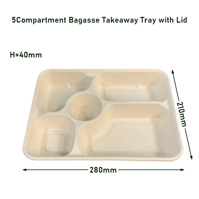 5Compartment Sugarcane Bagasse Takeaway Tray